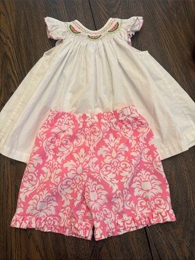 Southern Sunshine 5 White Smocked watermelon Top with Pink Floral Shorts
